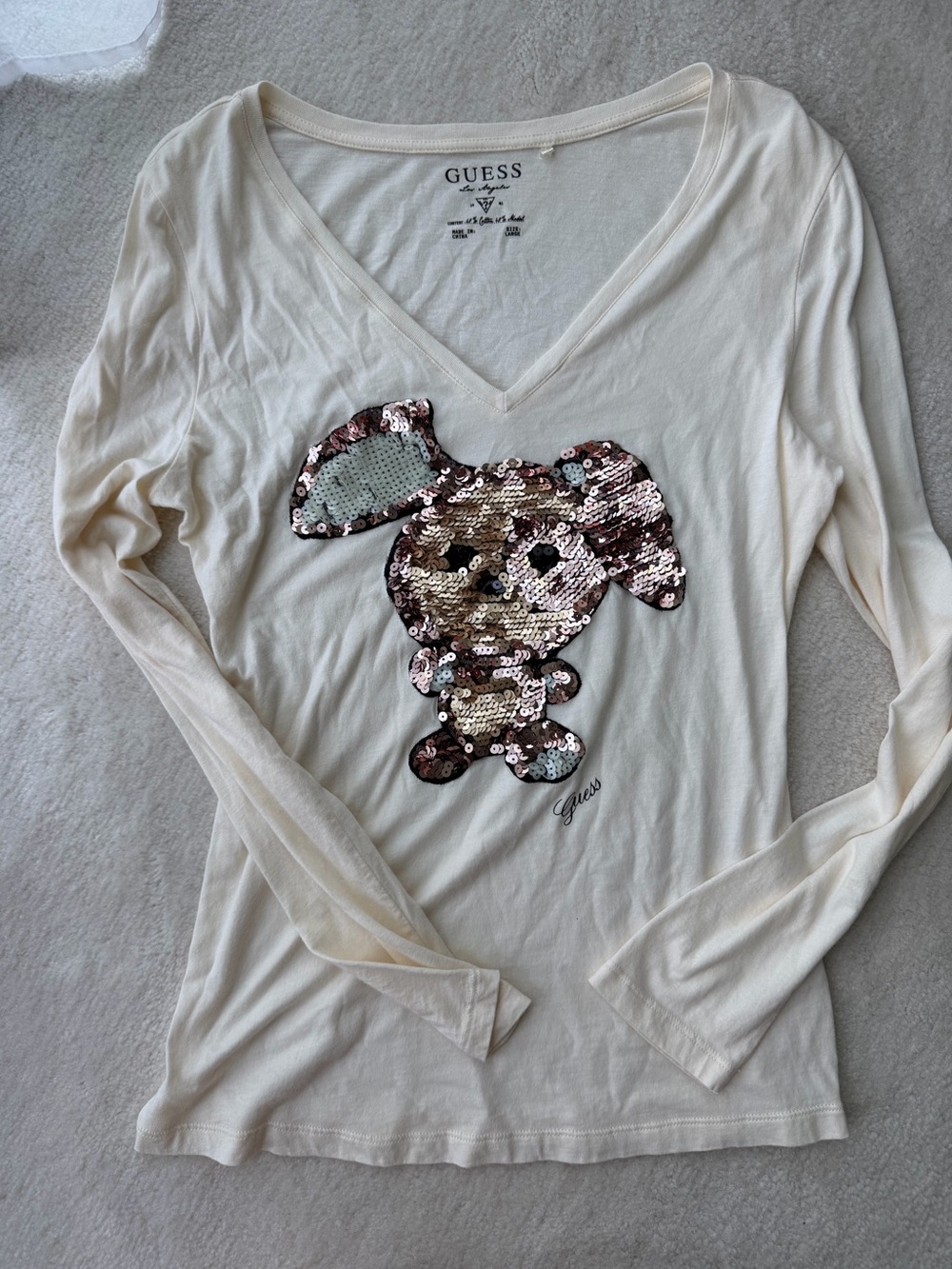 GUESS Ultra Soft Cream Sequin Bunny V-Neck Long Sleeve Top